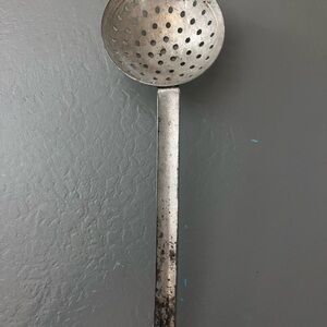 Vtg. Gray Enamel Granite Ware Strainer/Ladle/Sieve, 13" L x 4.5" W x 2" D
